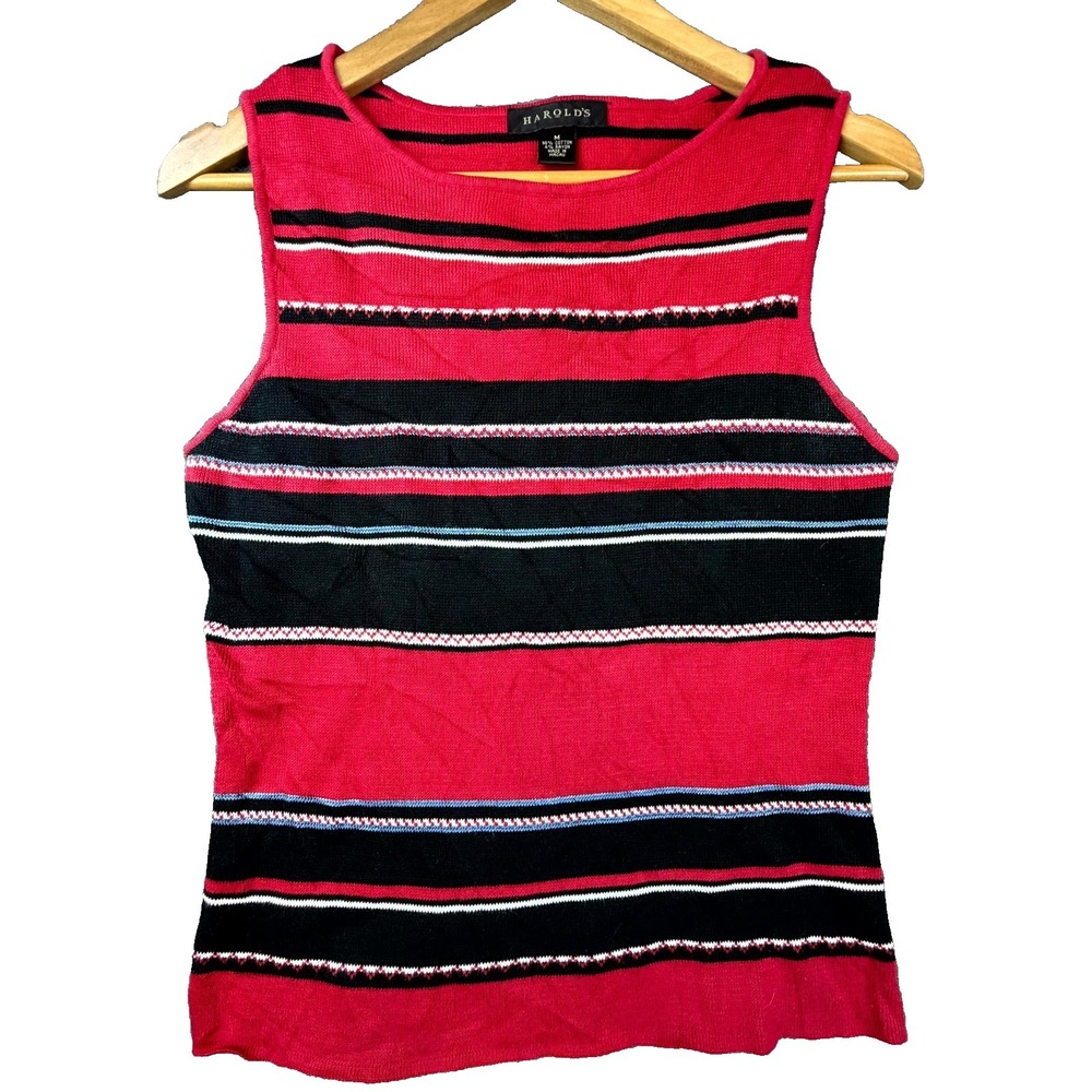 Harold's Knit Vest Tank Top Womens Medium Red‎ Black Striped Bold Office Siren